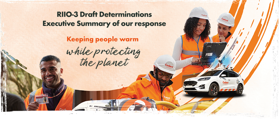 Cadent engineers and vans placed on an orange swoosh